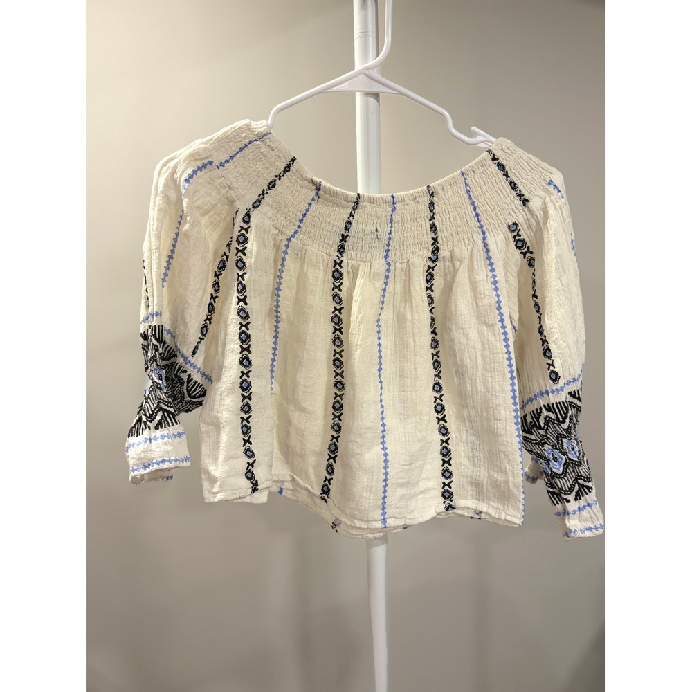 Boho Cottage Embroidered Off the Shoulder Top Small Linen Blend Smocked Crop - Picture 3 of 5